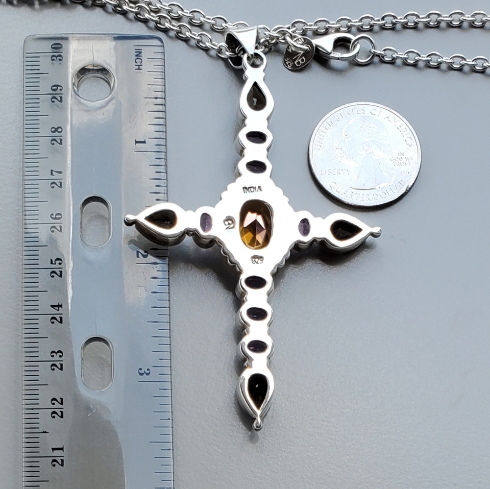 NICKY BUTLER NB 925 Sterling Silver Amethyst Smoky Quartz Cross Pendant Necklace - Picture 10 of 12